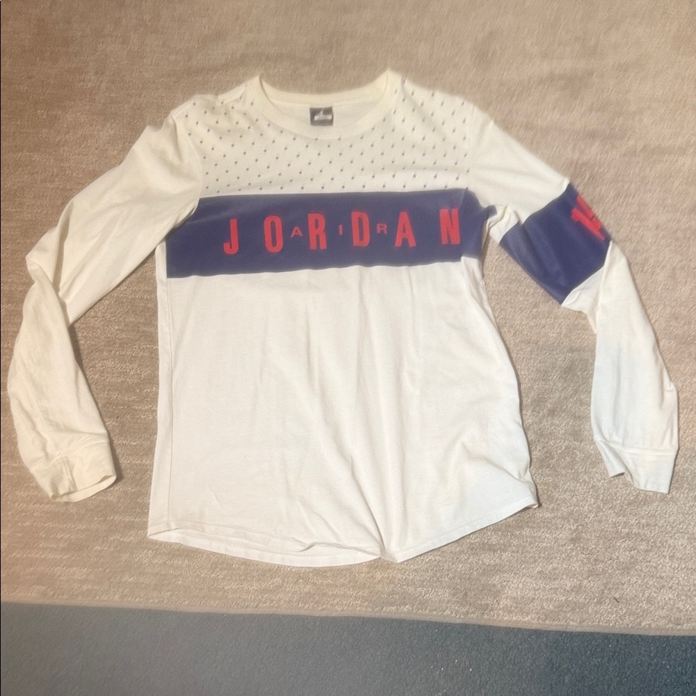 Jordan Long Sleeve Tee in White and Blue with Red Accents